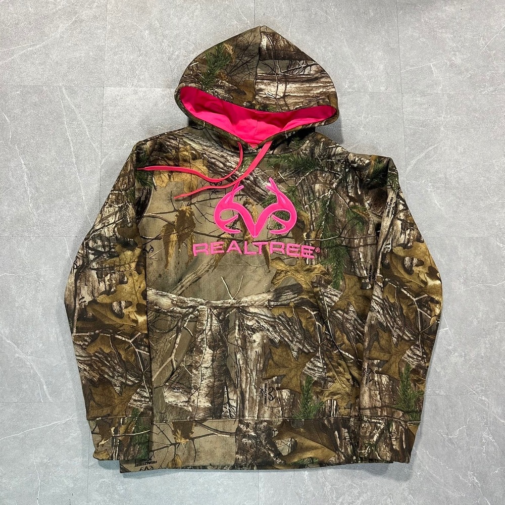 Realtree Camo Hoodie Womens Medium Pink Logo Camouflage Pullover Sweatshirt